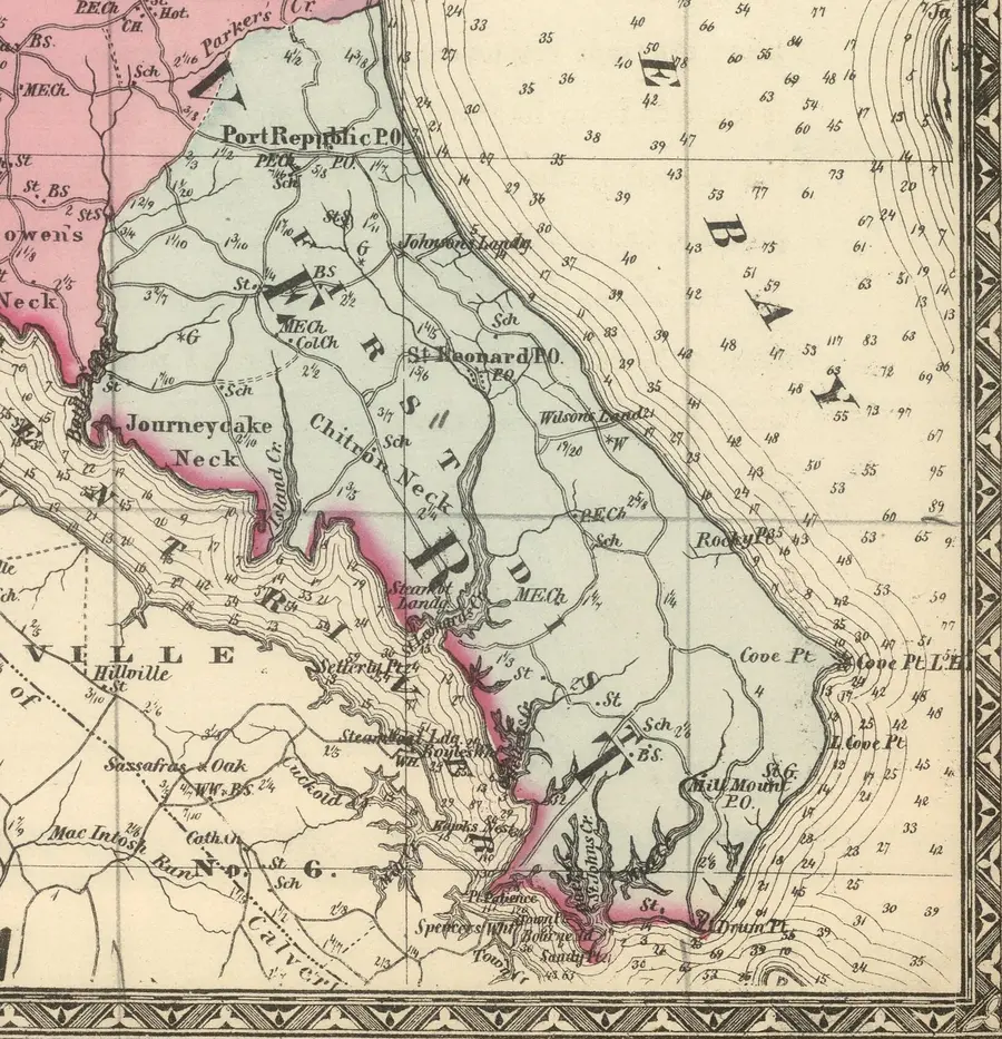Hand-colored 1866 map of southern Calvert County showing the First District, with Port Republic, St. Leonard, Cove Point, and Drum Point along the Chesapeake Bay and Patuxent River.