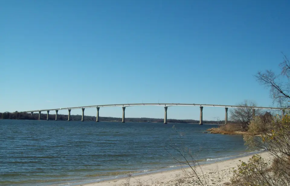 The Governor Thomas Johnson Bridge arching across the Patuxent River at Solomons.